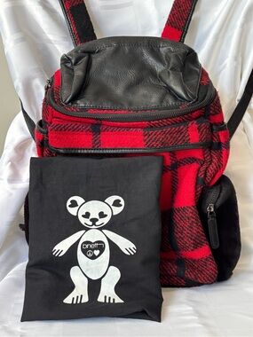 Rare Love Binetti Red Plaid Backpack & Matching Bear Dust Bag Set. MINT